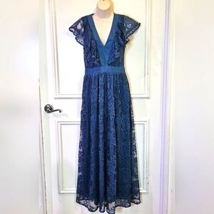 Miami Blue Floral Lace V-Neckline Maxi Dress, Medium